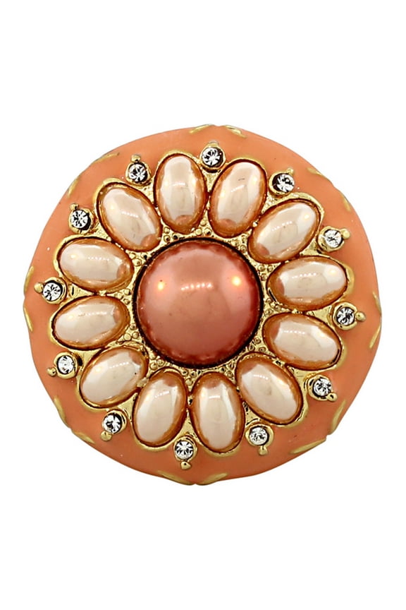 Fashion Alloy Yellow Gold-Tone Pink Simulated Pearl Orange Enamel Statement Cocktail Ring