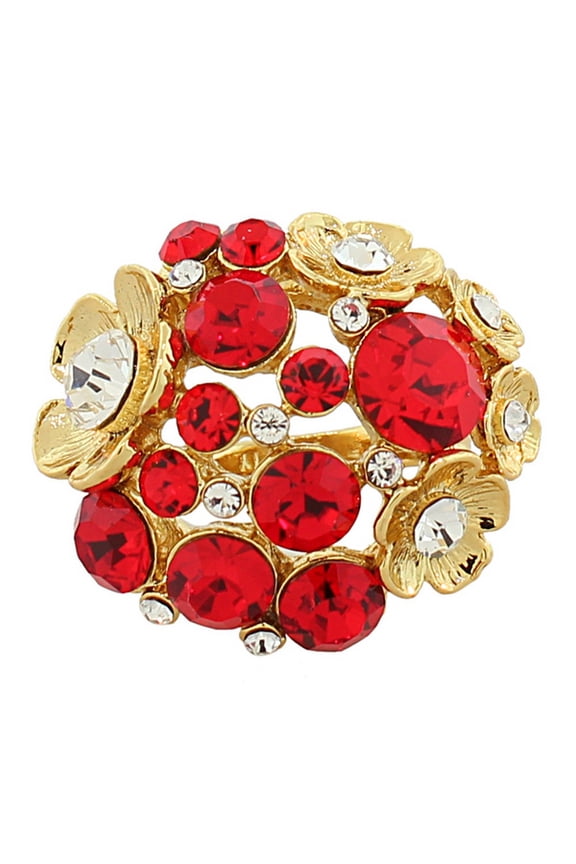 Fashion Alloy Yellow Gold-Tone Red White Clear CZ Flower Floral Design Cocktail Ring