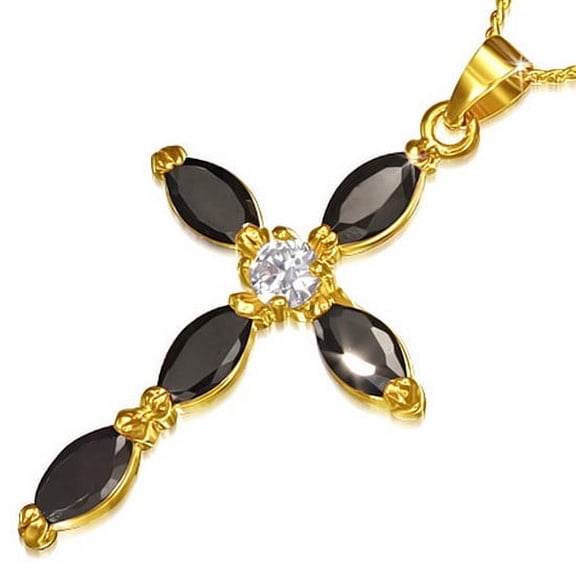 Fashion Alloy Yellow Gold-Tone Religious Cross Black CZ Pendant Necklace