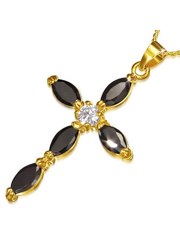 Fashion Alloy Yellow Gold-Tone Religious Cross Black CZ Pendant Necklace