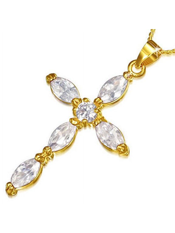 Fashion Alloy Yellow Gold-Tone Religious Cross White CZ Pendant Necklace