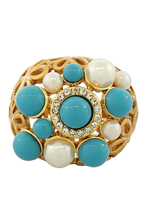 Fashion Alloy Yellow Gold-Tone Simulated Pearls Turquoise CZ Statement Cocktail Ring