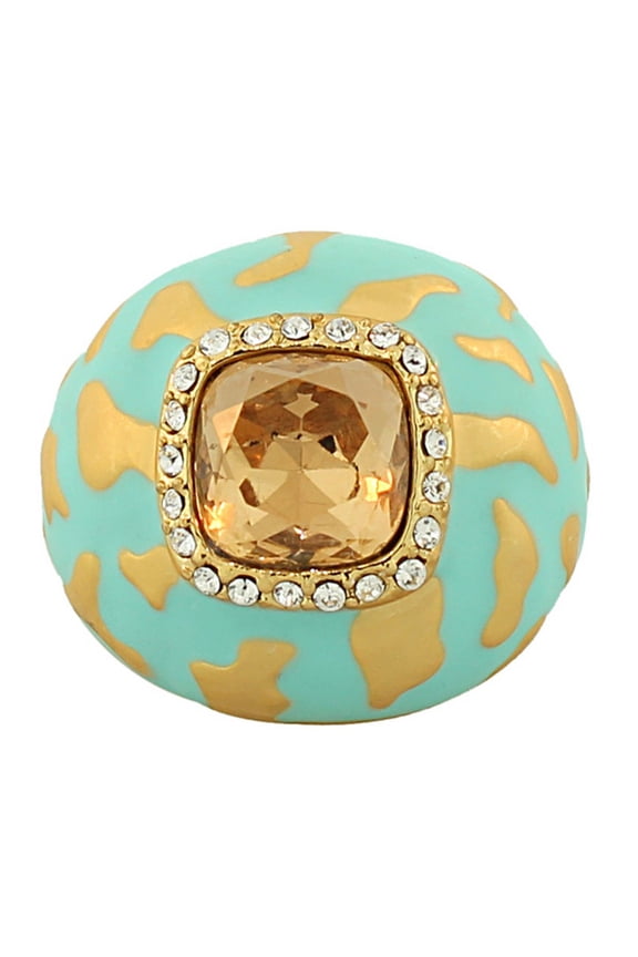 Fashion Alloy Yellow Gold-Tone Turquoise Brown Clear CZ Statement Cocktail Ring