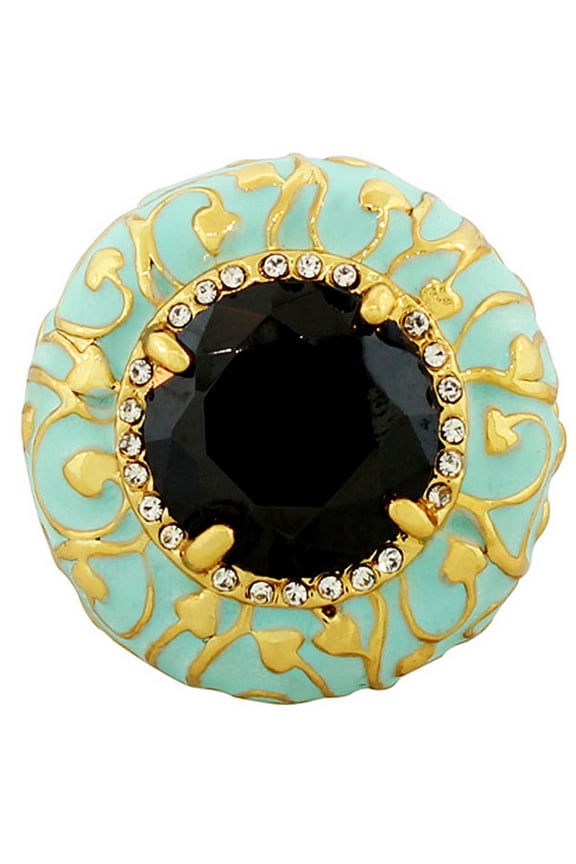 Fashion Alloy Yellow Gold-Tone Turquoise-Tone Black White CZ Large Statement Cocktail Ring