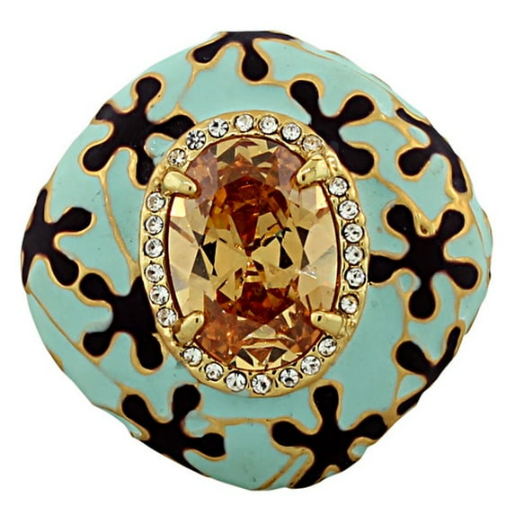 Fashion Alloy Yellow Gold-Tone Turquoise-Tone Brown CZ Large Statement Cocktail Ring