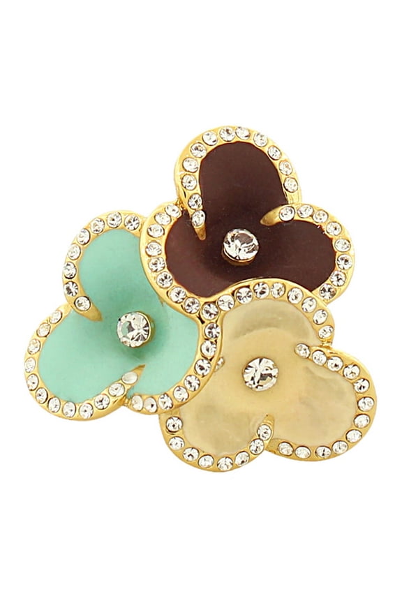 Fashion Alloy Yellow Gold-Tone Turquoise-Tone Brown Flower Floral Cocktail Ring Size 9