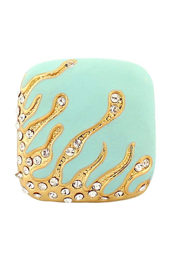 Fashion Alloy Yellow Gold-Tone Turquoise-Tone Cushion White Clear CZ Statement Cocktail Ring