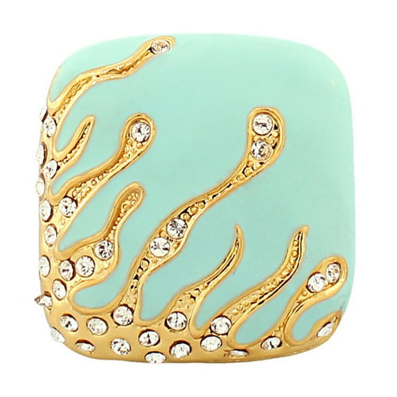 Fashion Alloy Yellow Gold-Tone Turquoise-Tone Cushion White Clear CZ Statement Cocktail Ring