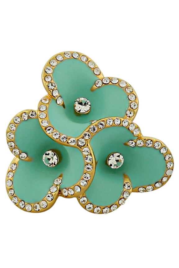 Fashion Alloy Yellow Gold-Tone Turquoise-Tone Enamel CZ Cocktail Flower Ring Size 7