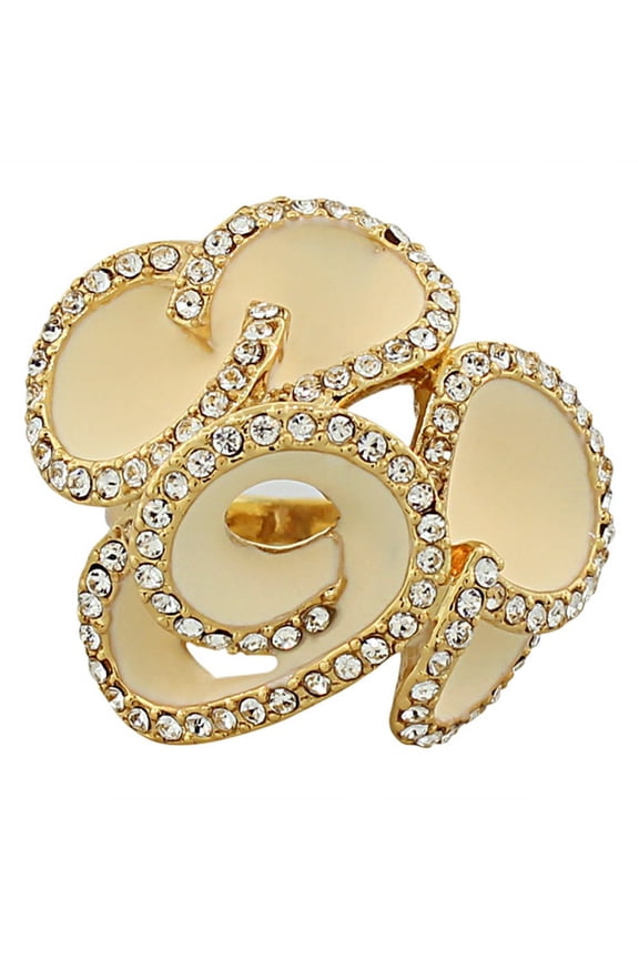 Fashion Alloy Yellow Gold-Tone White Enamel CZ Large Cocktail Flower Ring