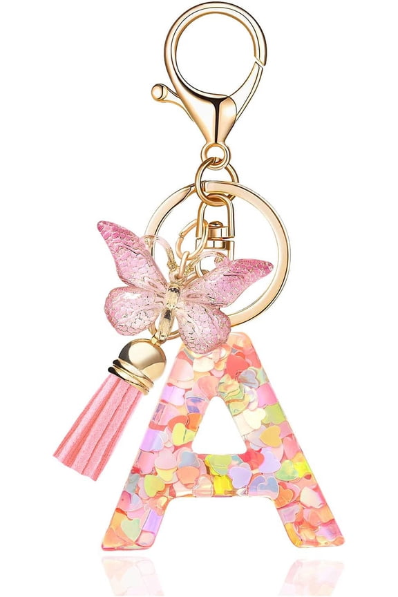 Fashion Alphabet Initial Letter Keychain Tassel Butterfly Pendant Key Ring for Purse Handbags Women Girl