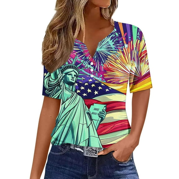 Fashion American Flag Shirts Women Cute Henley V Neck Button Down Shirts USA Flag Graphic Short Sleeve Tops Summer Dressy Casual Blouses Independence Day Patriotic T-Shirts Summer Tees