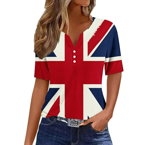 Fashion American Flag Shirts Women Cute Henley V Neck Button Down Shirts USA Flag Graphic Short Sleeve Tops Summer Dressy Casual Blouses Independence Day Patriotic T-Shirts Summer Tees