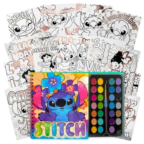Fashion Angels: Disney Stitch - Watercolor Poster Set - Spiral Bound Book, 30 Lilo & Stitch Themed Pages, Paint Brush, 28 Washable Colors, Kids 8+