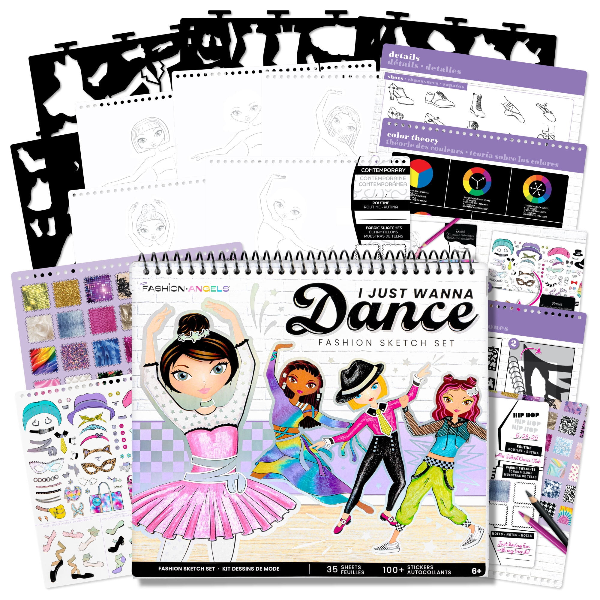 Fashion Angels: Fashion Sketch Set - I Just Wanna Dance - Design & Create Themed Outfits, 35 Page Drawing Art Portfolio, Stickers & Stencils, Kids 6+