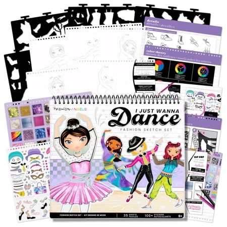Fashion Angels: Fashion Sketch Set - I Just Wanna Dance - Design & Create Themed Outfits, 35 Page Drawing Art Portfolio, Stickers & Stencils, Kids 6+