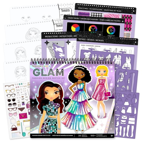 Fashion Angels: Glam Fashion Design Sketch Set - 30 Sheet Portfolio Pad, Stencils & Stickers, Create Clothing Styles, Drawing & Activity, Kids 6+