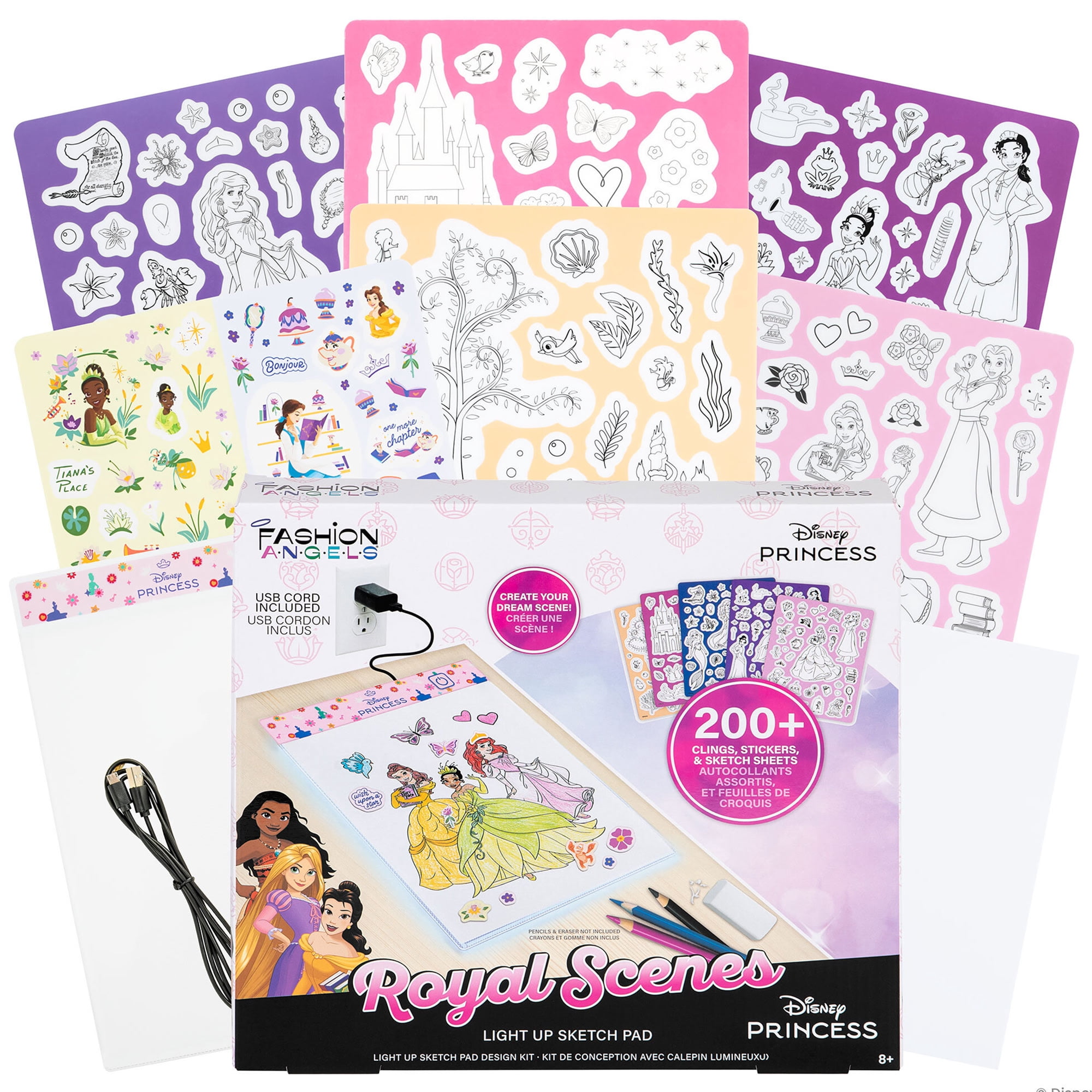 Fashion Angels: Light Up Sketch Pad - Disney Princess Royal Scenes - Design Art Kit, Illuminated Tracing Pad, Reusable Clings, Sticker Sheet, Kids 8+