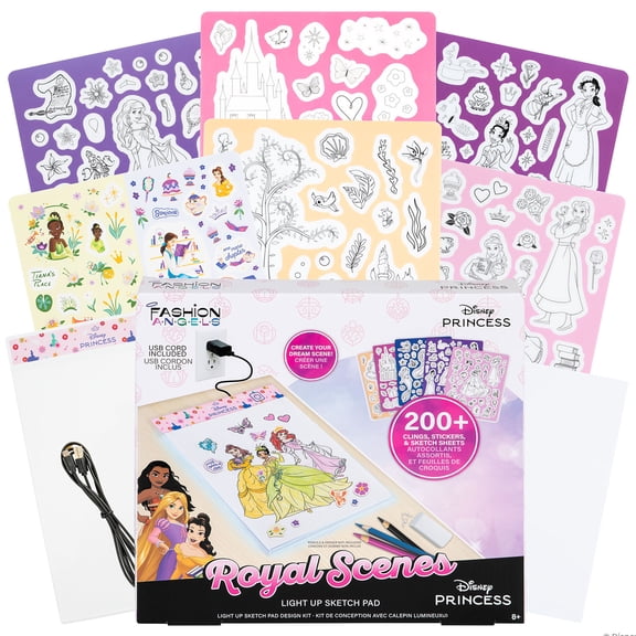 Fashion Angels: Light Up Sketch Pad - Disney Princess Royal Scenes - Design Art Kit, Illuminated Tracing Pad, Reusable Clings, Sticker Sheet, Kids 8+