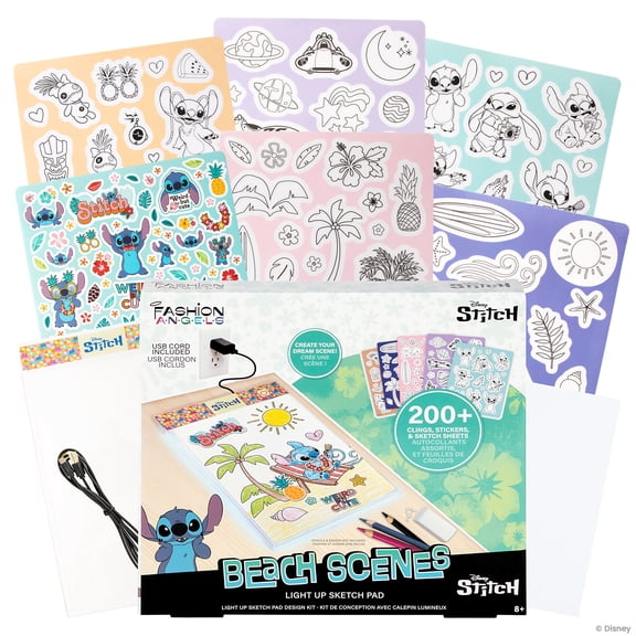 Fashion Angels: Light Up Sketch Pad - Disney Stitch Beach Scenes - Design Art Kit, Illuminated Tracing Pad, Reusable Clings, Sticker Sheet, Kids 8+