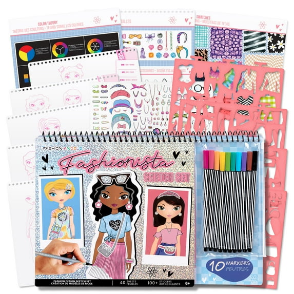 Fashion Angels: Sketch Portfolio Set & Markers - Fashionista - Outfit Design Pad, 10 Markers, Stencils, 100+ Holographic Stickers, Girls-Tweens-Kid 6+