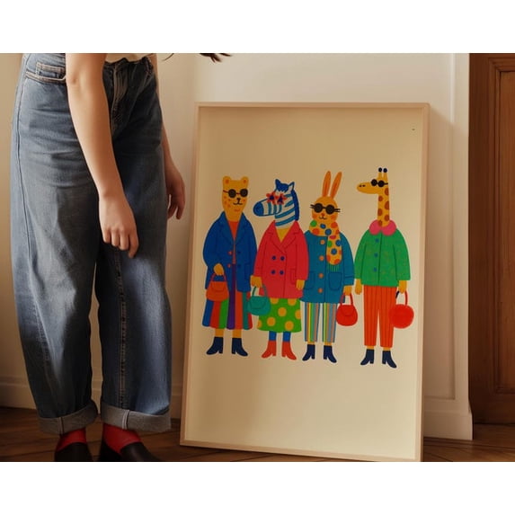 Fashion Animal Friends Colorful Wall Art Print, Unframed Paper Poster 8x10in