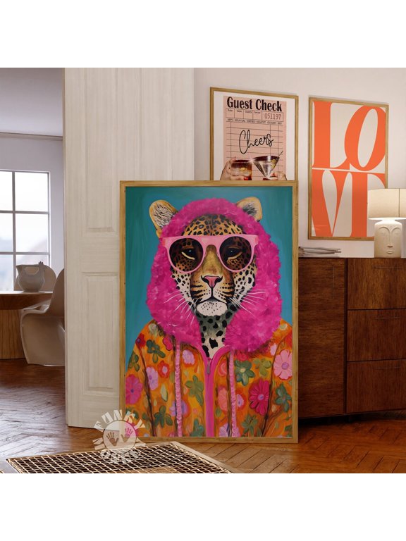 Fashion Animal Print Funky Preppy Leopard With Hoodie Glasses Art Aesthetic Maximalist Decor Animal