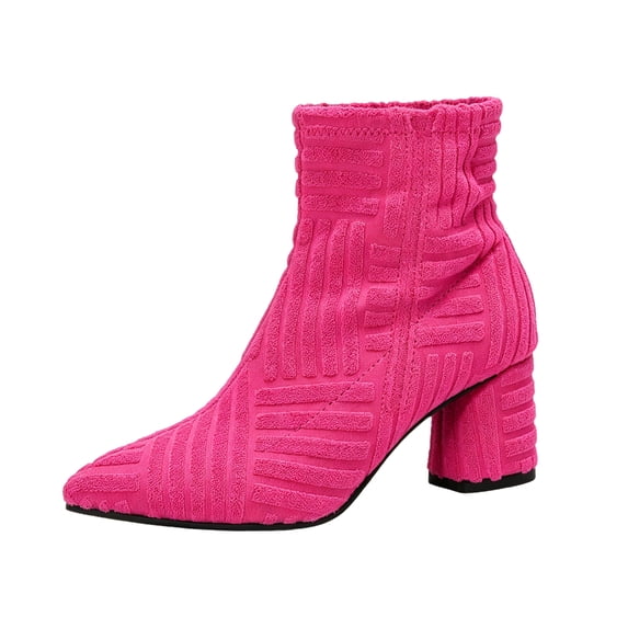 Fashion Ankle Boots for Women Geometric Pattern Pointed Toe Booties Chunky Heel Knit Ribbed Cuff Slip On Winter Boot Shoes