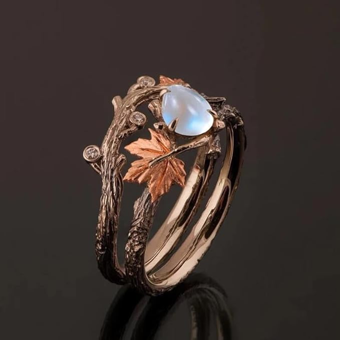 Fashion Antique Gold Twig Maple Leaf Moonstone Ring Anniversary Gift Engagement-8811-Silver