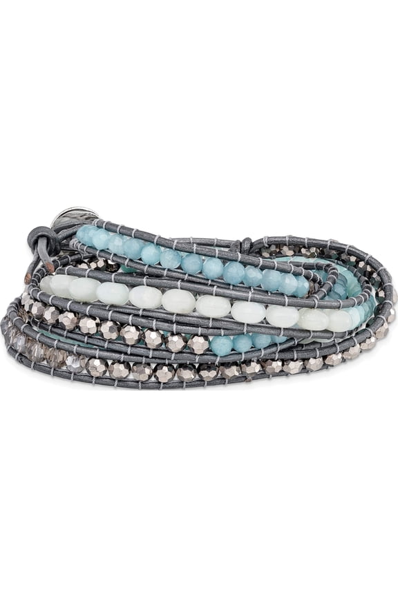 Fashion Aquamarine/Blue Quartz/Crystal/Leather Multi-Wrap Bracelet Made In Thailand bf2112
