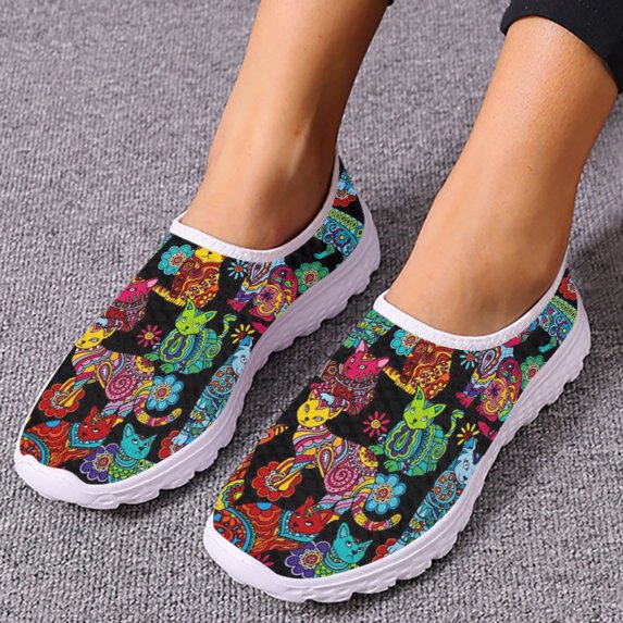 Fashion Art Cartoon Cat Design Brand Loafers Soft Flat Slip On Ladies Animal Print Summer Breathable Mesh Shoes