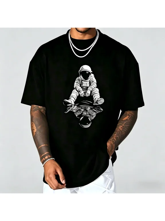Fashion Astronaut Mirror Reflection Graphic T‑Shirt, Space Lover Unisex Casual Crew Neck Short Sleeve Streetwear Tee Men T shirts