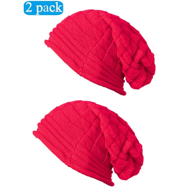 Fashion Autumn Winter Girl Beanie Hat Women Slouch Winter Knit Hip-hop Cap Beanie Baggy Hat Ski Crochet Oversized Chunky Stretchy Slouchy Beanie Hat 2 Pack