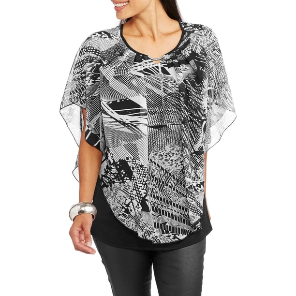 Fashion Avenue Knits Women's Printed Batwing 2fer Blouse