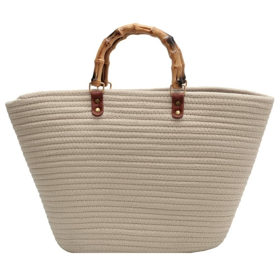 Fashion Beach Bags Bamboo Handle Cotton Woven Tote Striped for Travel (Style 2)