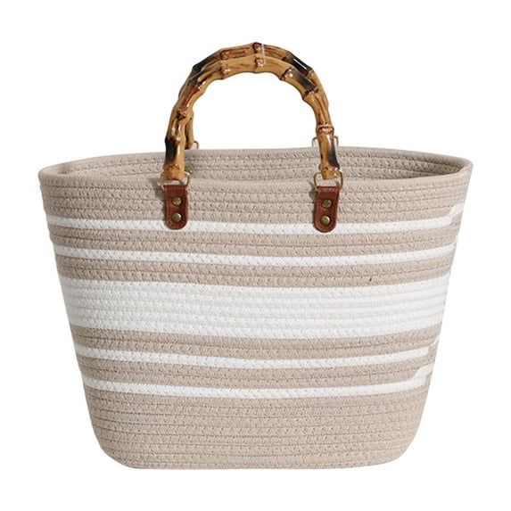 Fashion Beach Bags Bamboo Handle Cotton Woven Tote Striped for Travel (Style 4)