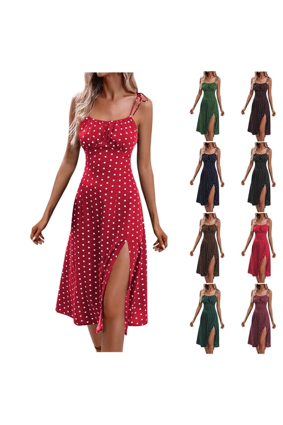 Fashion Beach Dresses for Womens 2026 Summer Plus Size Casual Hanging Strap Split Printed Round Neck Dress