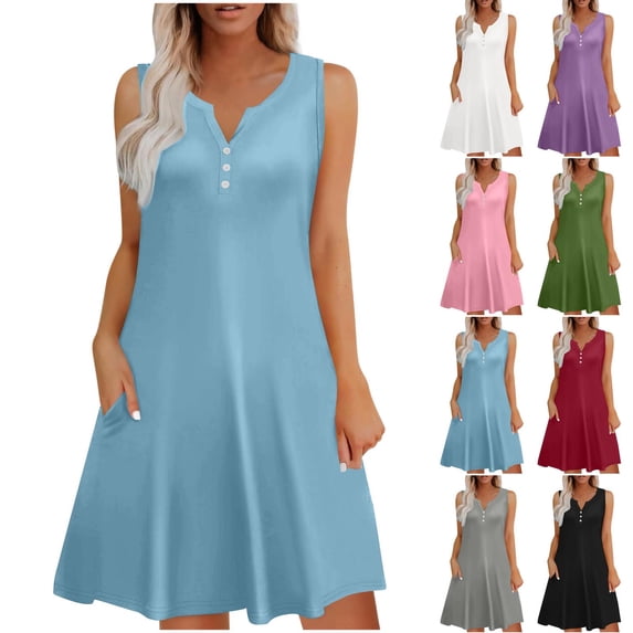 Fashion Beach Dresses for Womens 2026 Summer Plus Size Casual Solid Color V-Neck Pullover Short Sleeved Short Skirt Dress