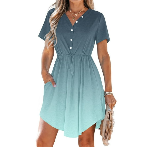 Fashion Beach Dresses for Womens 2026 Summer Plus Size Casual V-Neck Short Sleeve Drawstring Dresses With Pockets
