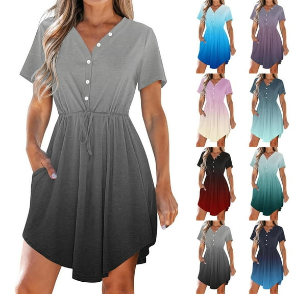 Fashion Beach Dresses for Womens 2026 Summer Plus Size Casual V-Neck Short Sleeve Drawstring Dresses With Pockets