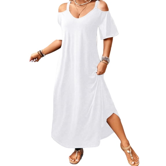 Fashion Beach Dresses for Womens Plus Size Summer Cold-Shoulder V-Neck Short Sleeve Solid Color Casual Maxi Dress