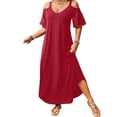 thumbnail image 1 of Fashion Beach Dresses for Womens Plus Size Summer Cold-Shoulder V-Neck Short Sleeve Solid Color Casual Maxi Dress, 1 of 7