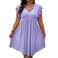 thumbnail image 1 of Fashion Beach Dresses for Womens Plus Size Summer Plus Size V-Neck Crisscross Detail Ruffle Sleeve Flared Midi Dress Casual Solid Color Dress, 1 of 5