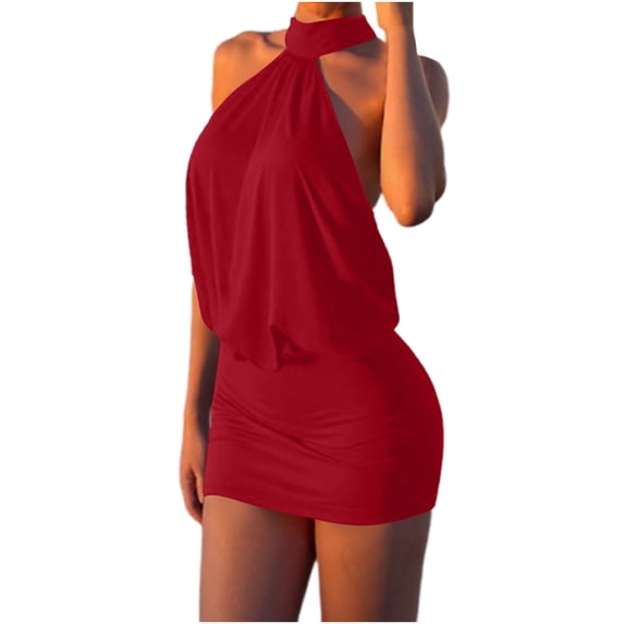Fashion Beach Dresses for Womens Plus Size Summer Sleeveless Round-Neck Dress Solid Color Bandage Bodycon Mini Dress