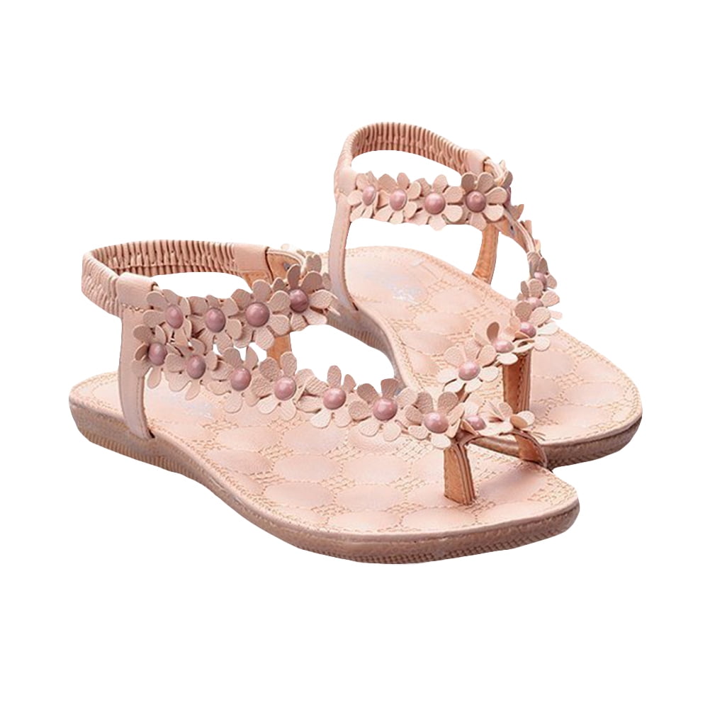 Fashion Beach Shoes Clip Toe Crotch Flower Flat Sandals for Women Girls Size 40 (Beige)
