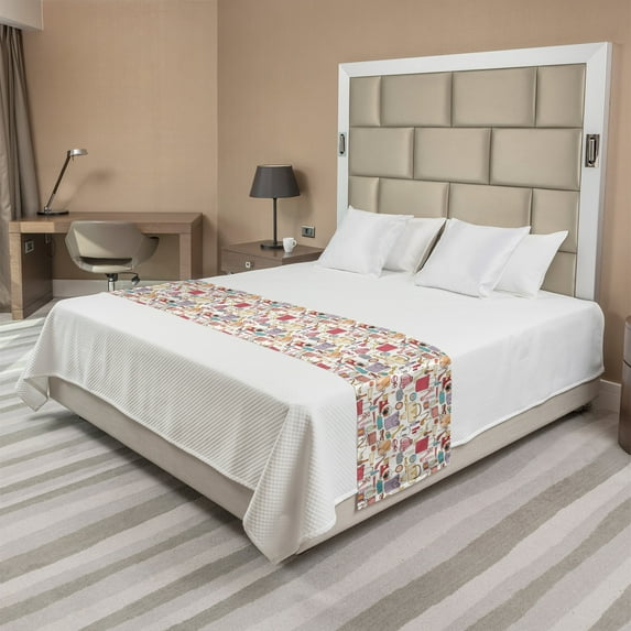 Fashion Bed Runner, Concept of Scattered Women Cosmetics and Accessories Bags Shoes Make up Camera, Decorative Accent Bedding Scarf for Hotels Homes and Guestrooms, King, Multicolor, by Ambesonne