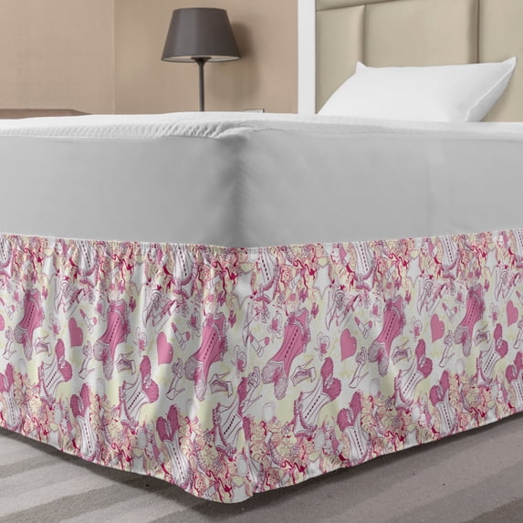 Fashion Bed Skirt, Old-Fashioned Female Corset Accessories Vintage Girls Room Floral Design Print, Elastic Bedskirt Dust Ruffle Wrap Around for Bedding Decor, 4 Sizes, Beige and Pink, by Ambesonne
