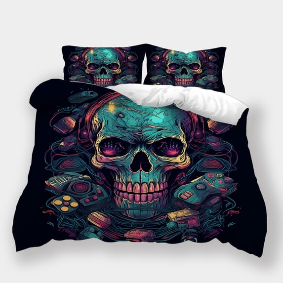 Fashion Bedding Set Skull Gamepad Printed Duvet Cover Pillowcase Boy Man Home Bedspreads,Full (80"x90")