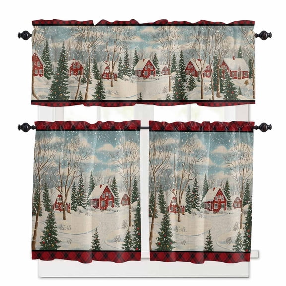 Christmas Kitchen Curtains and Valances Set, Winter Country House Holly Snow Red Stripes Rod Pocket Window Valance 18 Inch Window Curtain Panels for Living Room Bedroom Laundry, 27.5x24in, 3 Pieces