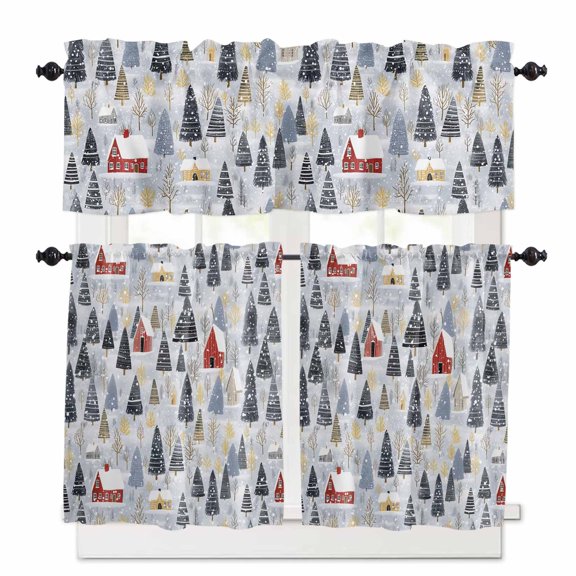 Christmas Kitchen Curtains and Valances Set, Winter Abstract Christmas Tree House Snow Blue Rod Pocket Window Valance Window Curtain Panels for Living Room Bedroom Laundry, 27.5x24in, 3 Pieces